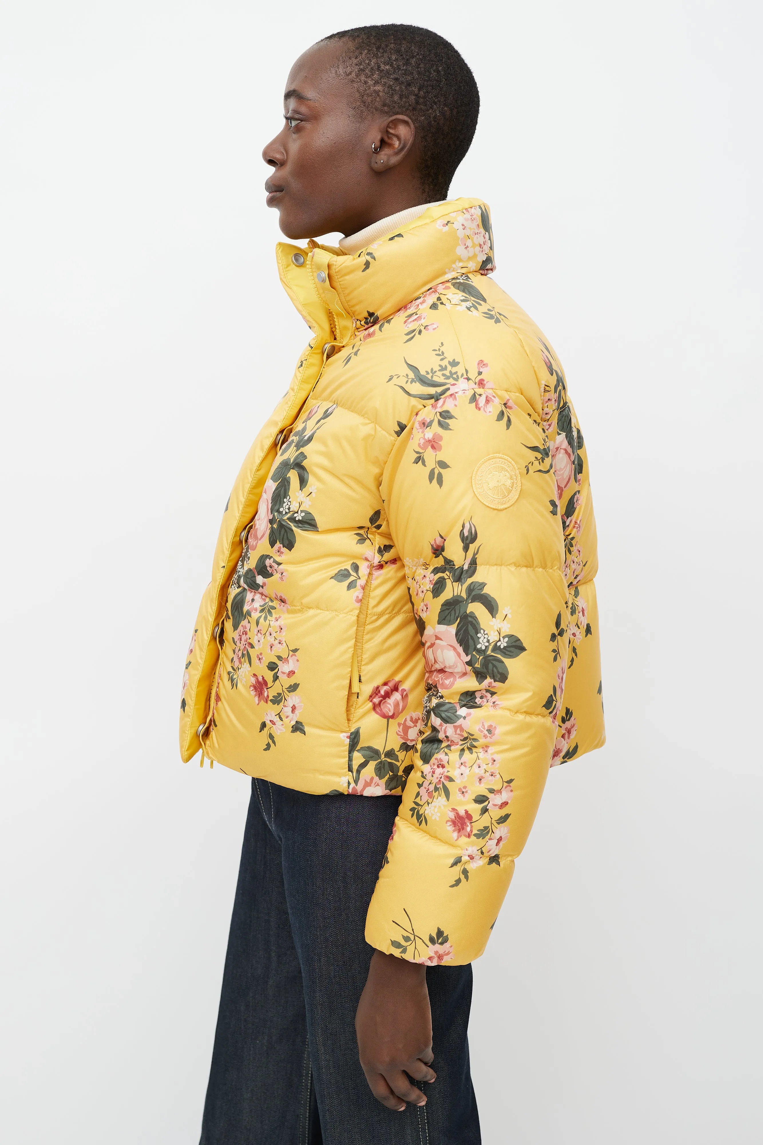 X Reformation Yellow & Multicolour Floral Reversible Down Jacket