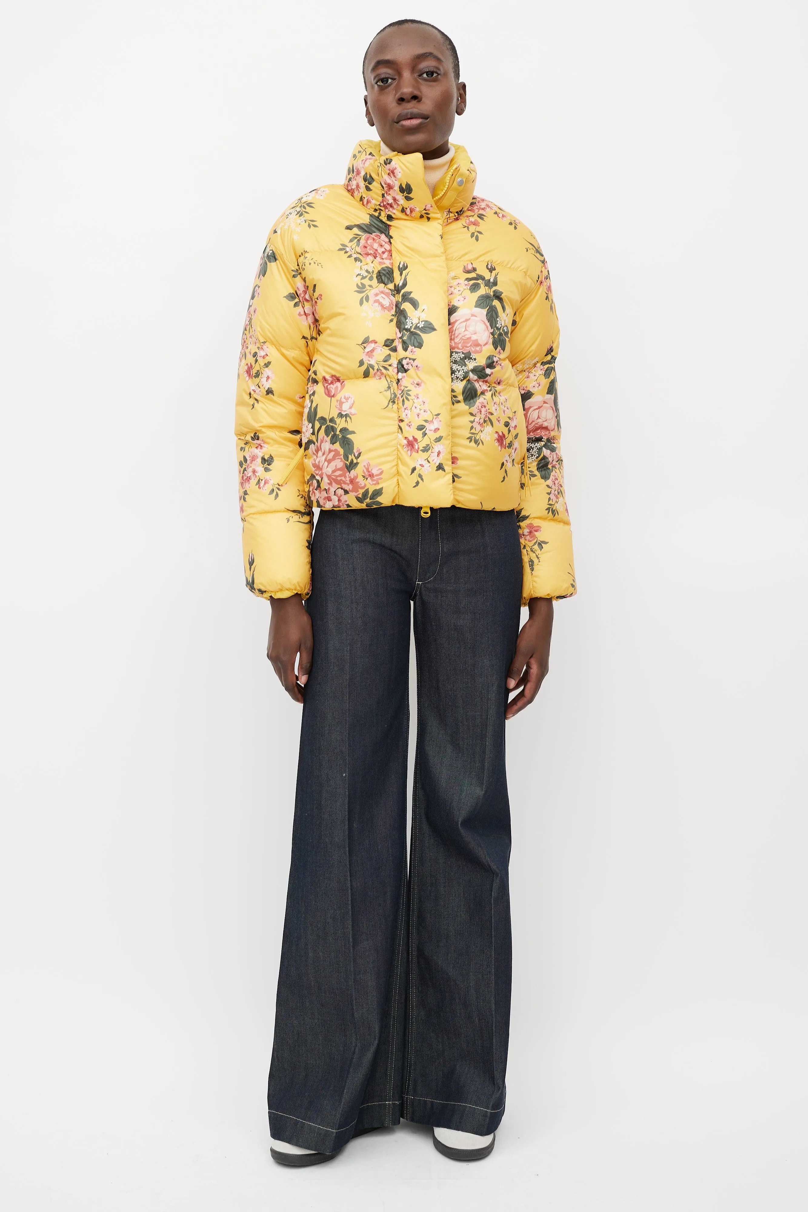 X Reformation Yellow & Multicolour Floral Reversible Down Jacket