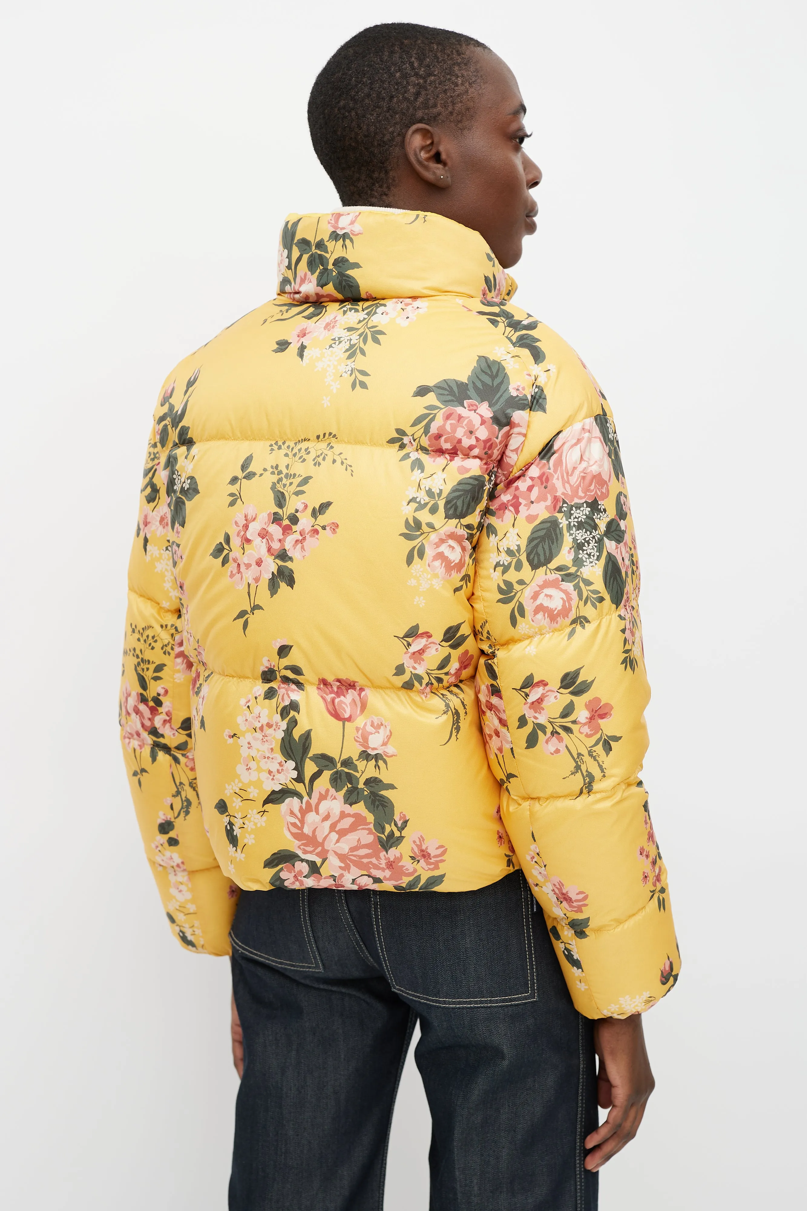 X Reformation Yellow & Multicolour Floral Reversible Down Jacket