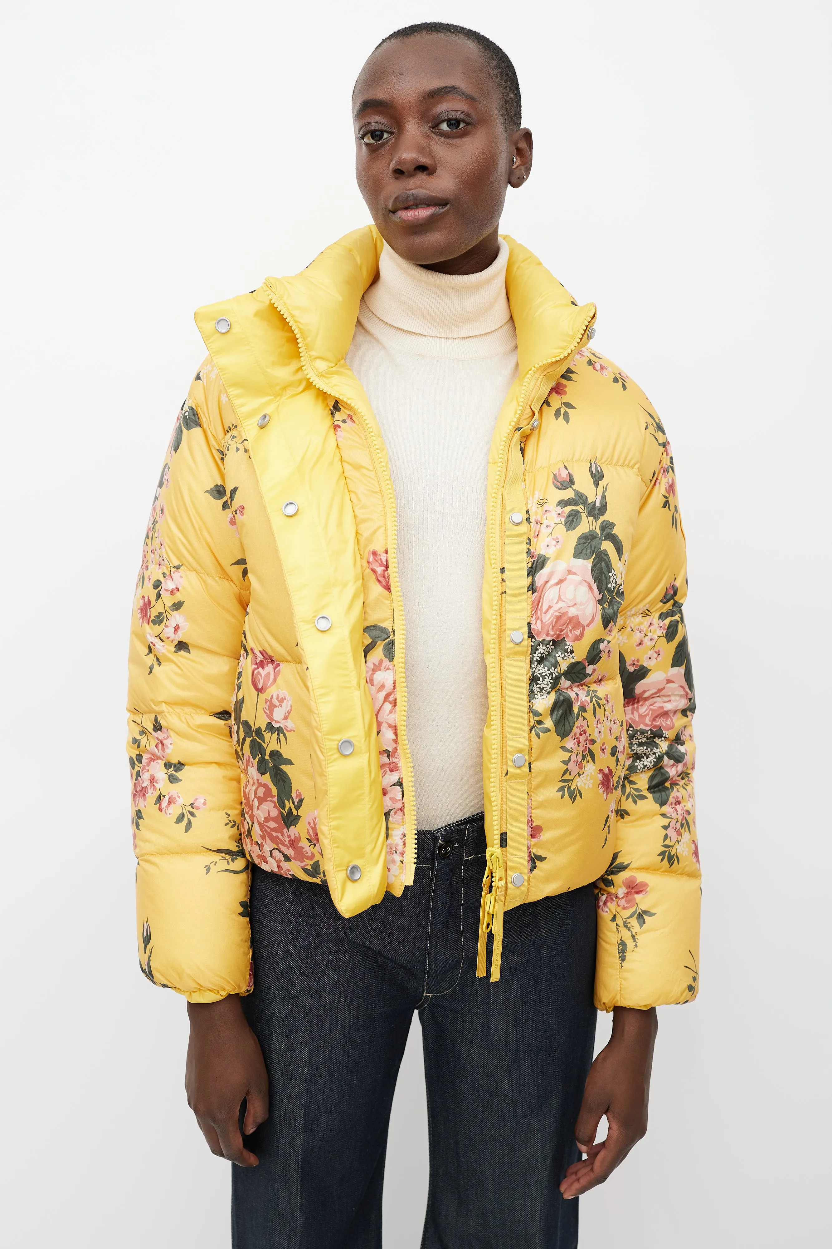 X Reformation Yellow & Multicolour Floral Reversible Down Jacket