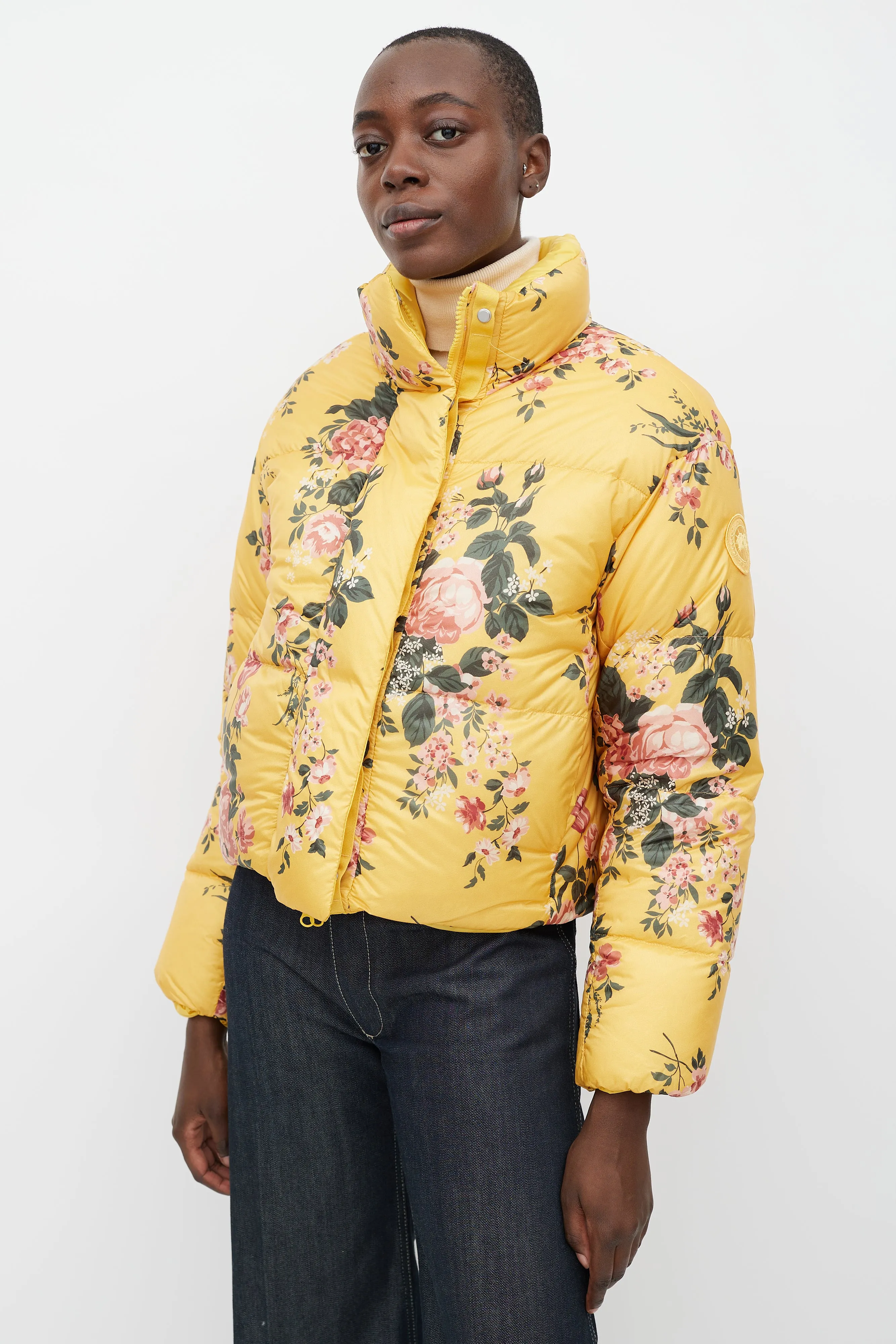 X Reformation Yellow & Multicolour Floral Reversible Down Jacket