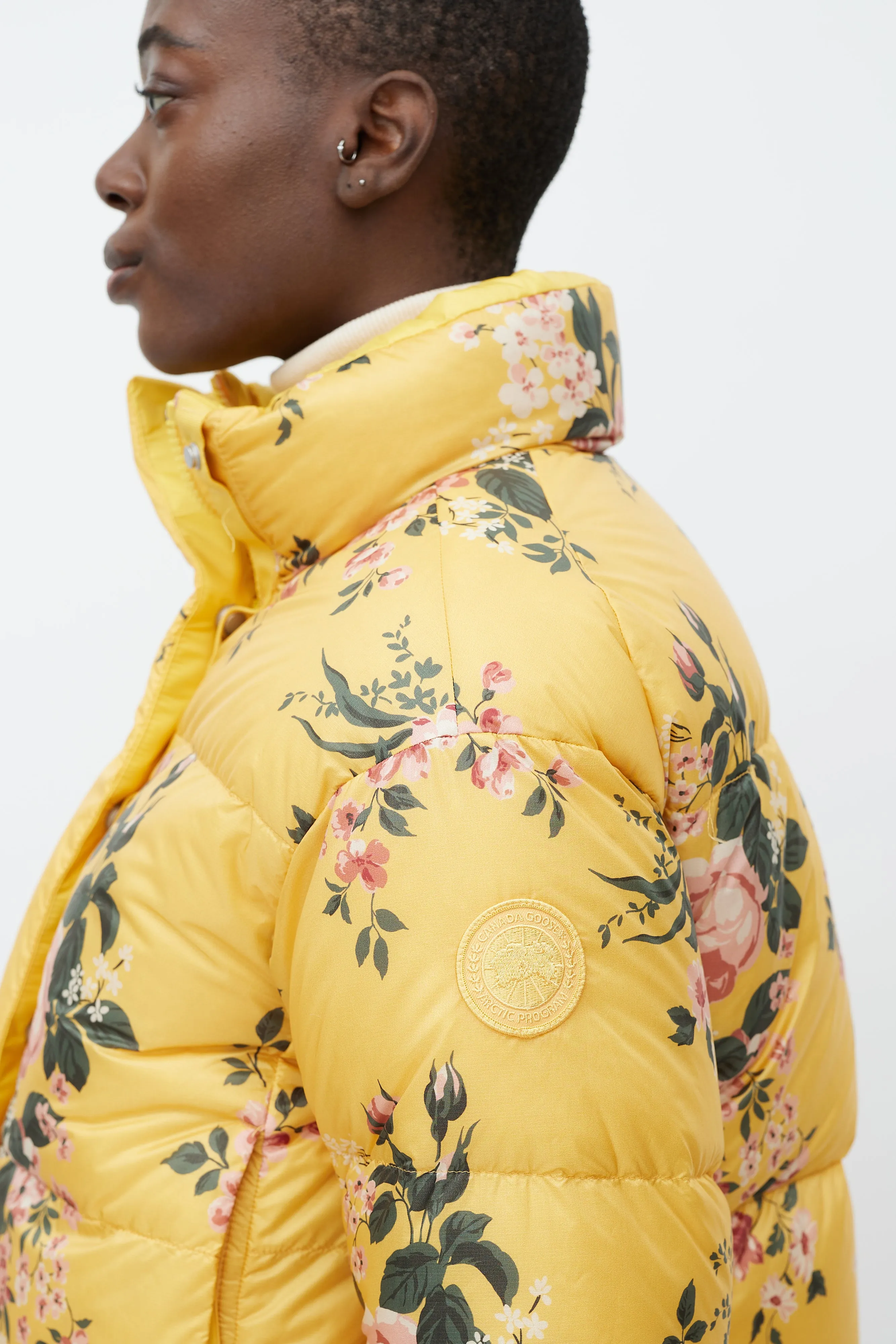 X Reformation Yellow & Multicolour Floral Reversible Down Jacket