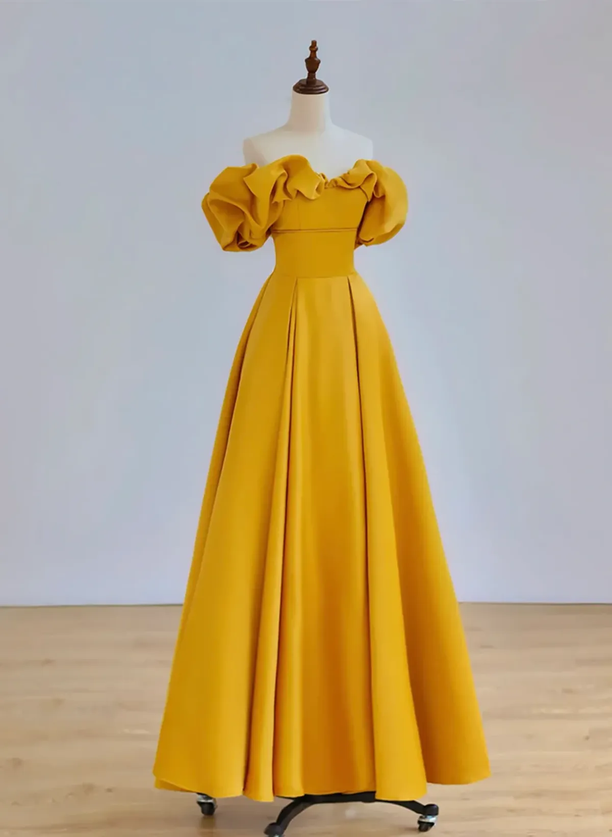 Yellow A-line Satin Off Shoulder Long Party Dress, Yellow Formal Dress Evening Dress