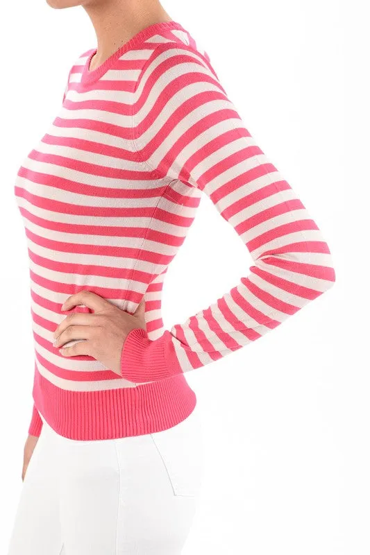 Yemak Women's Striped Pattern Round Neck Long Sleeve Sweater Pullover MK3494