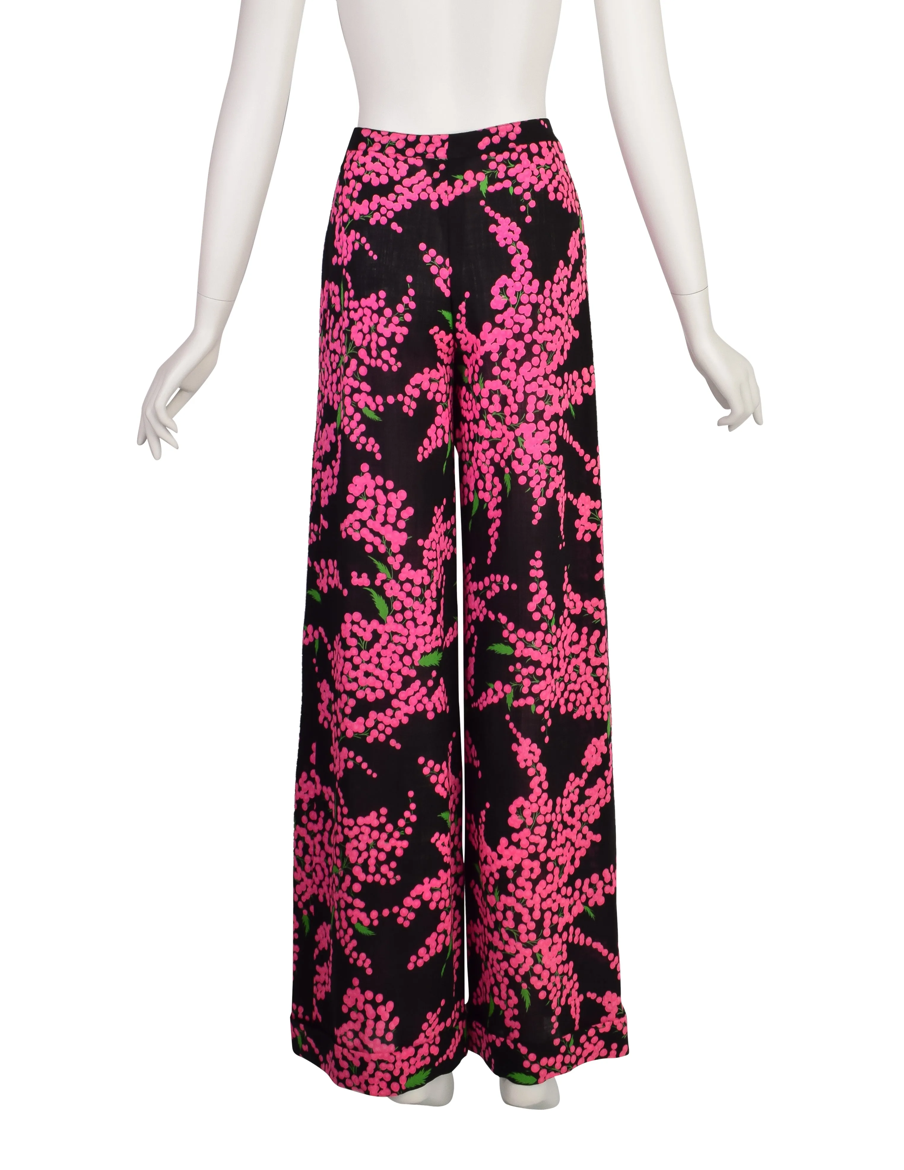 Yves Saint Laurent Vintage 1970s Black Pink Floral Wool Crepe High Waist Wide Leg Pants