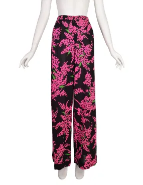 Yves Saint Laurent Vintage 1970s Black Pink Floral Wool Crepe High Waist Wide Leg Pants