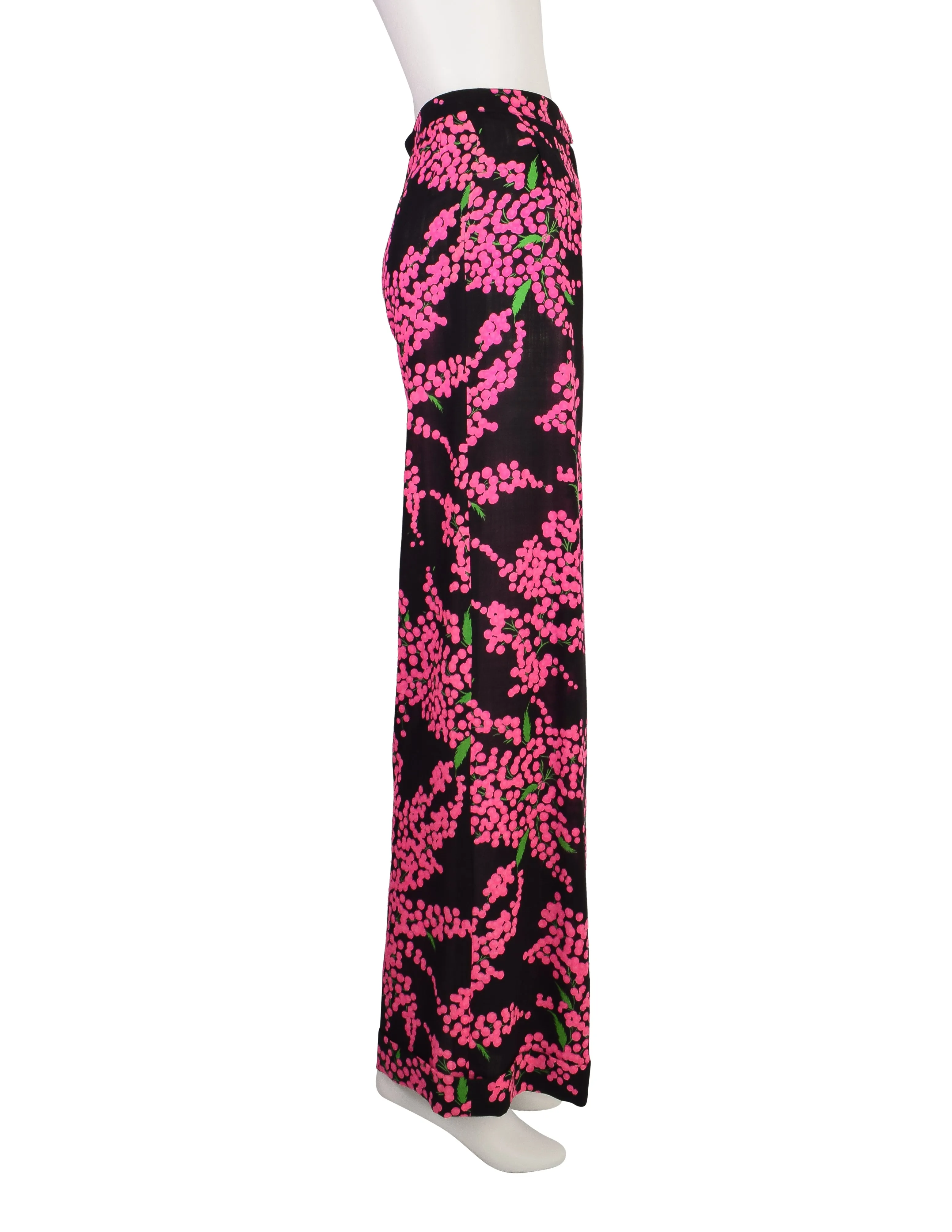 Yves Saint Laurent Vintage 1970s Black Pink Floral Wool Crepe High Waist Wide Leg Pants