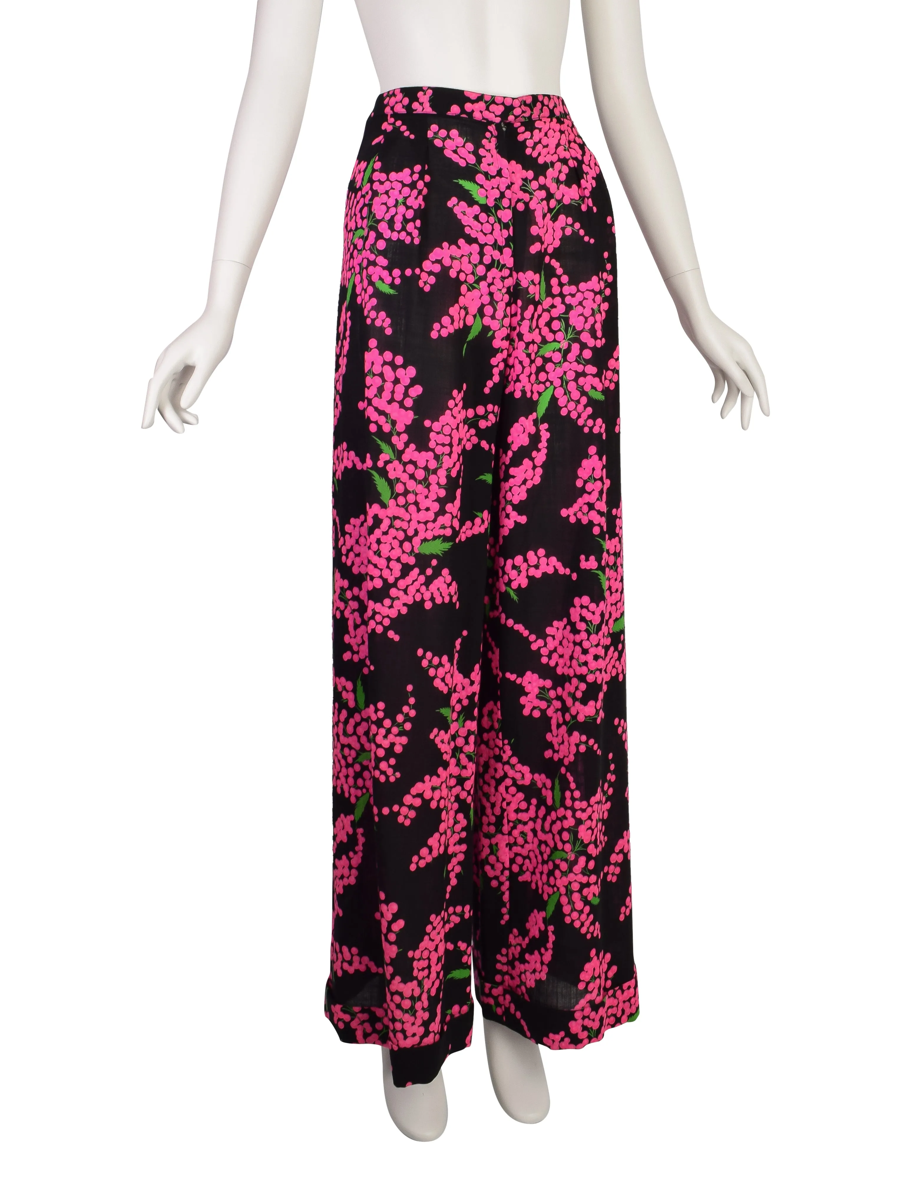 Yves Saint Laurent Vintage 1970s Black Pink Floral Wool Crepe High Waist Wide Leg Pants