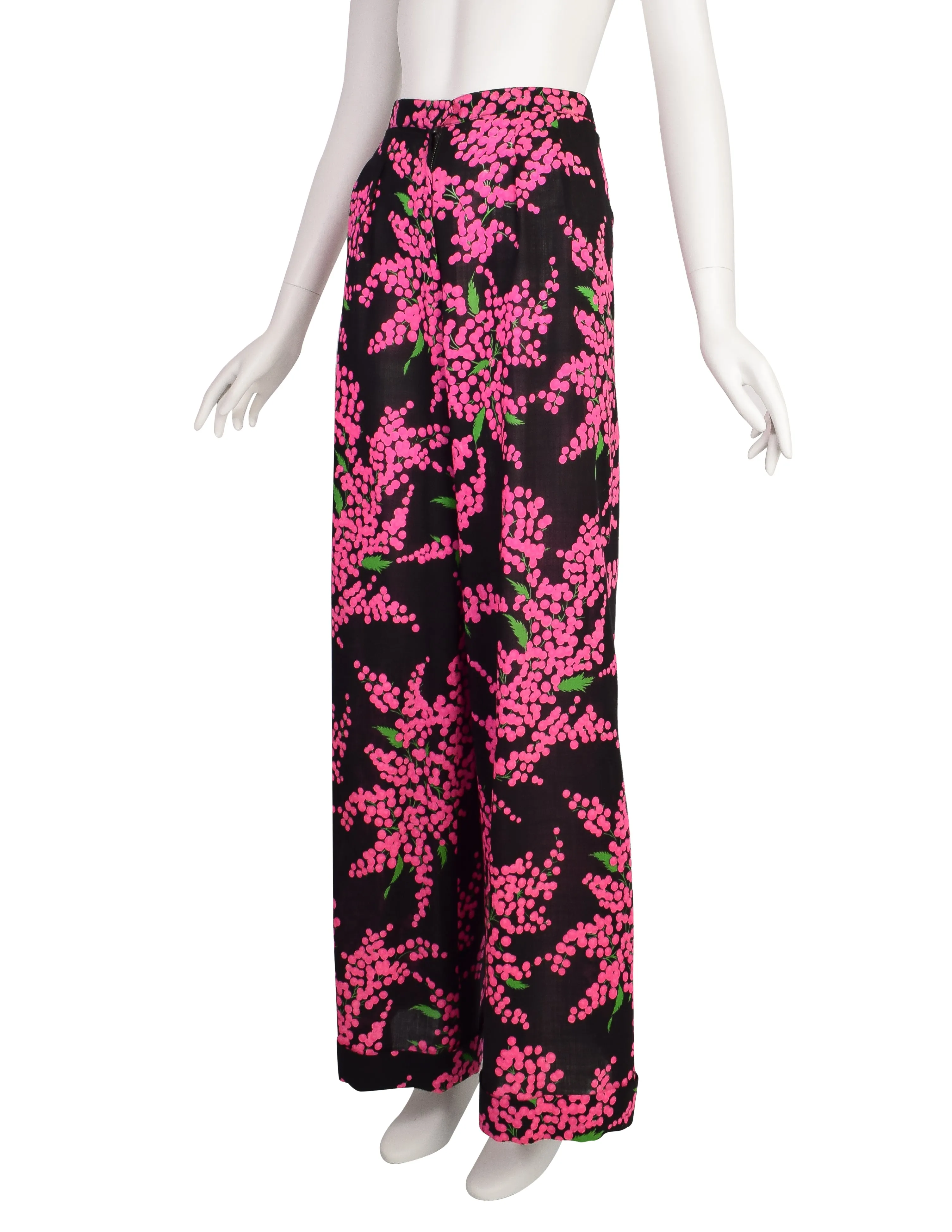 Yves Saint Laurent Vintage 1970s Black Pink Floral Wool Crepe High Waist Wide Leg Pants