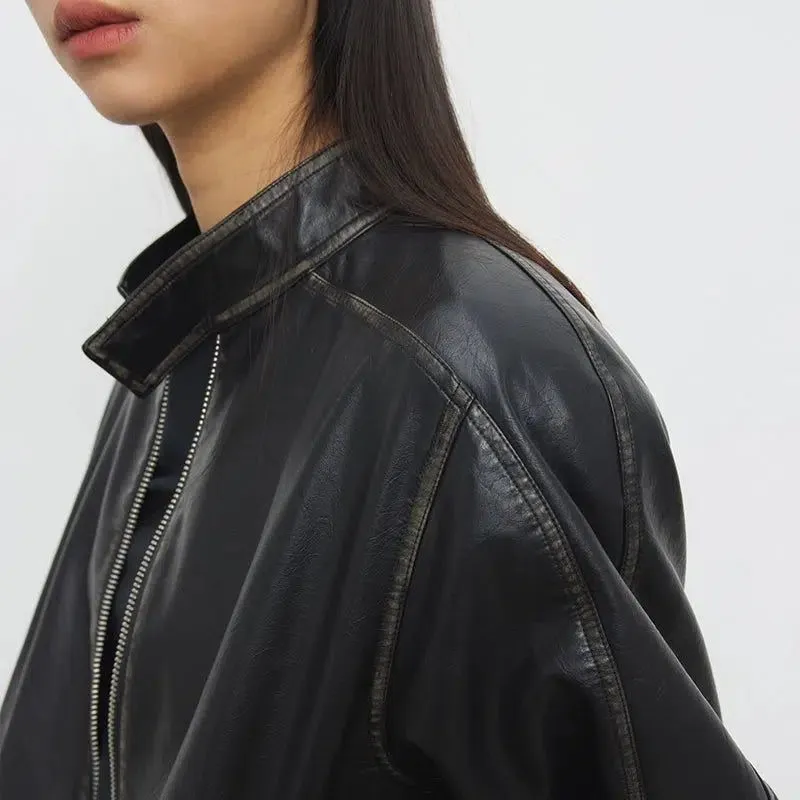 Zipped Vintage PU Leather Jacket