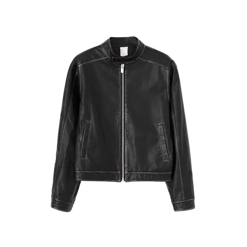 Zipped Vintage PU Leather Jacket